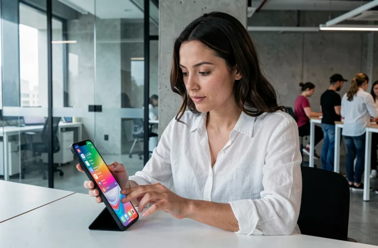 Femme professionnelle utilisant un smartphone pliable dans un bureau moderne high-tech