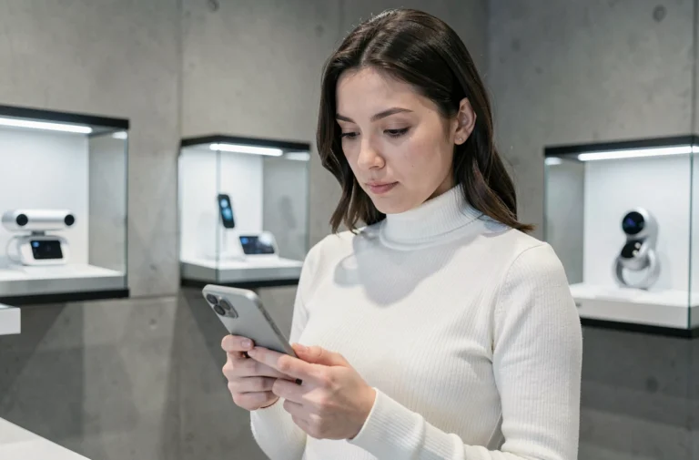 Femme examinant un smartphone pliable dans un showroom technologique moderne aux tons neutres