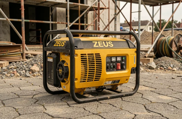 Groupe électrogène Zeus posé sur un chantier de construction extérieur avec câbles et échafaudages en arrière-plan