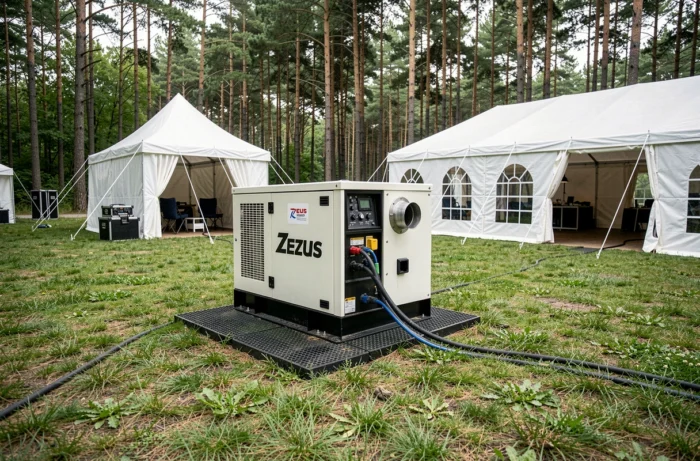 Groupe électrogène Zeus installé dans une clairière boisée pour alimenter un événement extérieur sous chapiteaux