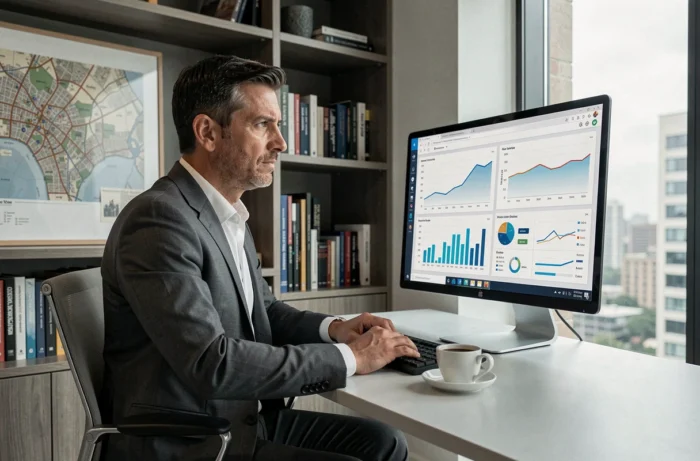 Homme d'affaires en costume gris analysant des tableaux de bord de tendances professionnelles sur un écran dans un bureau moderne minimaliste