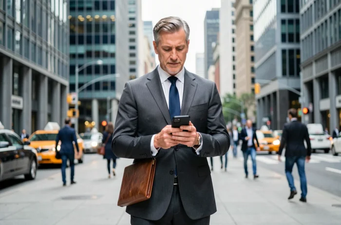 Homme d'affaires confiant dans un quartier financier urbain consultant son téléphone, symbole des tendances du monde des affaires