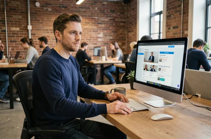 Homme consultant un site de recrutement en ligne dans un espace de coworking moderne avec mur en briques