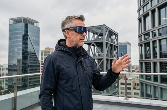 Homme portant des lunettes de réalité mixte sur un toit urbain avec vue sur les gratte-ciels