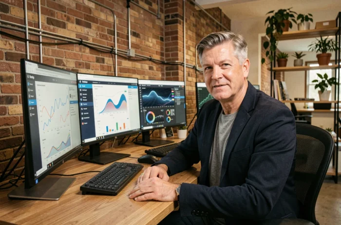 Homme professionnel travaillant sur plusieurs écrans avec des interfaces d'intelligence artificielle dans un bureau moderne