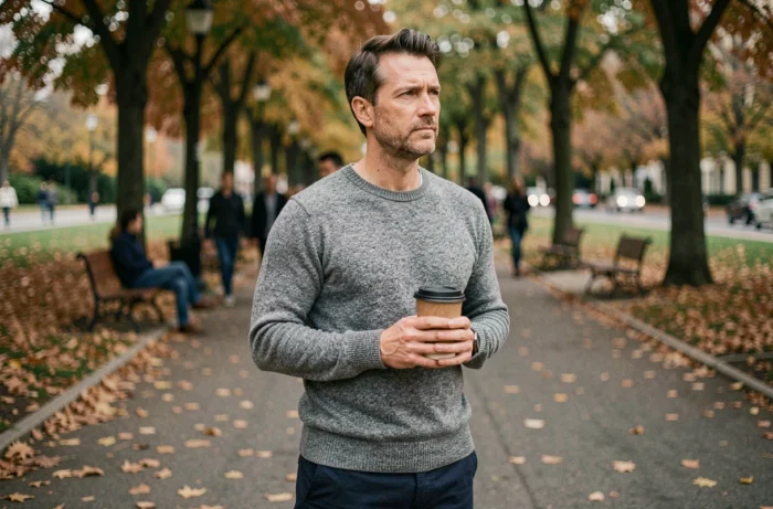 Homme quadragénaire pensif dans un parc en automne tenant un café, symbolisant une approche réfléchie et concrète de la positivité loin des clichés
