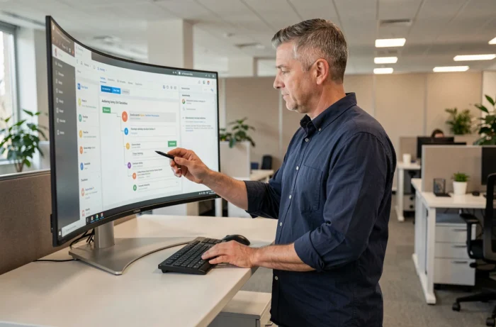 Homme consultant un plan de site sur grand écran dans un bureau professionnel moderne