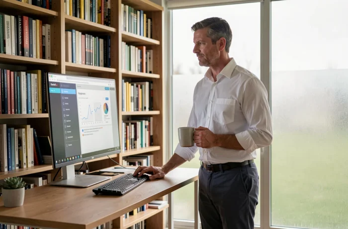Homme consultant une plateforme de formation en ligne depuis son bureau à domicile avec bibliothèque professionnelle
