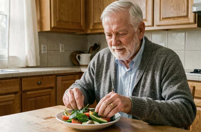 Homme senior de 70 ans préparant une salade saine et équilibrée dans sa cuisine pour prendre soin de sa santé après 60 ans