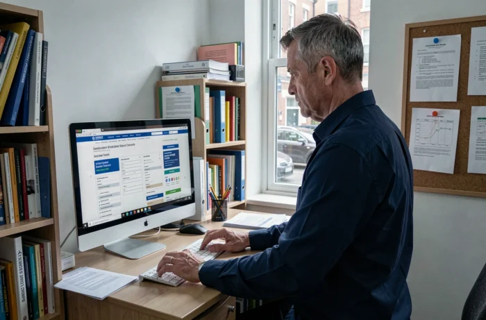 Homme consultant le simulateur de prime d'activité sur un ordinateur de bureau à domicile