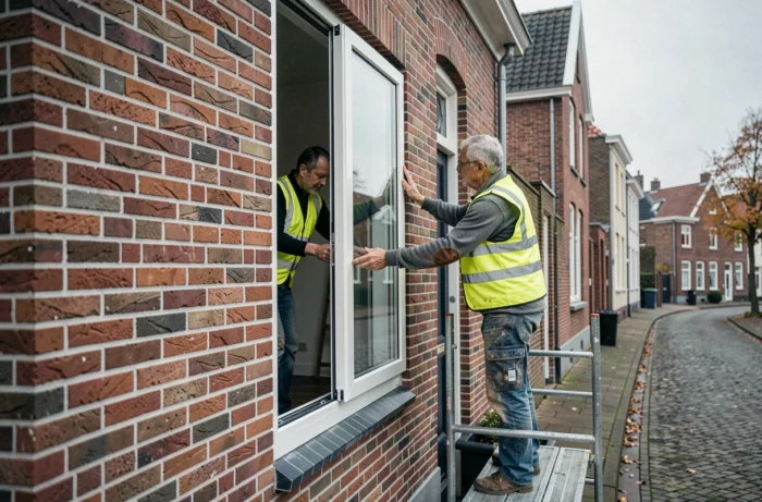 Deux ouvriers installant un cadre de fenêtre PVC sur la façade d'une maison en briques belge