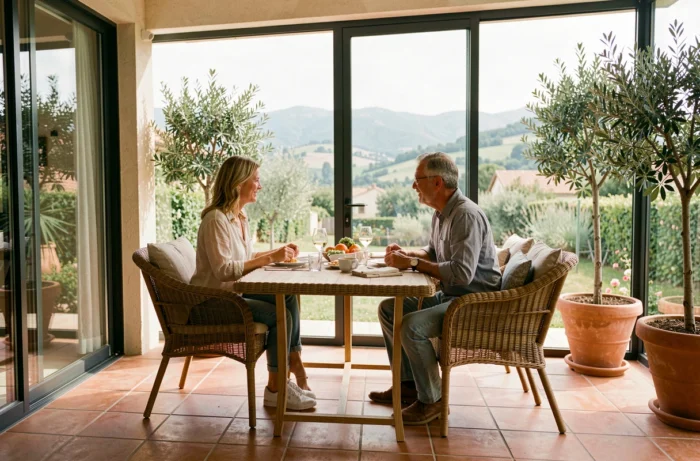Intérieur de véranda moderne aménagée avec couple attablé pour le petit-déjeuner, maison à Orthez avec vue sur le jardin
