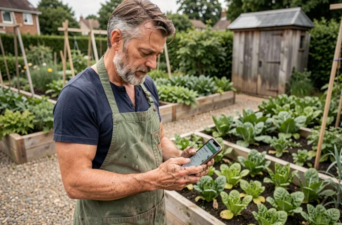 Jardinier consultant les rubriques d'un site de jardinage sur son smartphone dans un potager