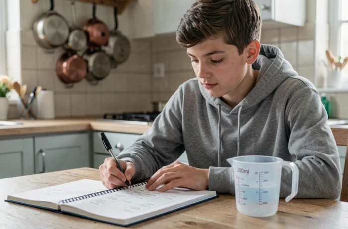 Adolescent prenant des notes sur la conversion de millilitres en centilitres avec un verre doseur de 200 ml posé à côté de son cahier