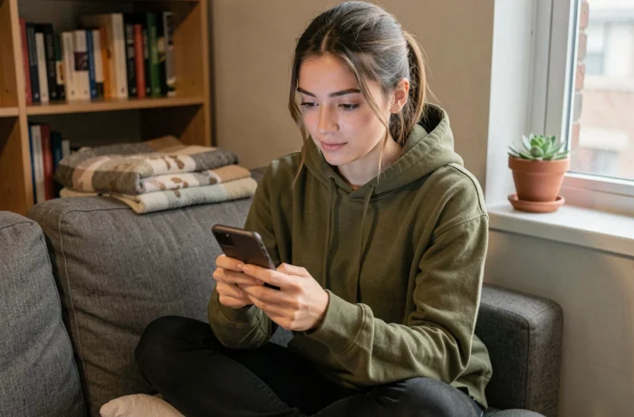 Jeune femme effectuant une demande de complémentaire santé solidaire en ligne depuis son appartement via smartphone