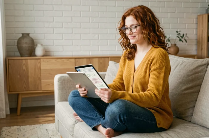 Jeune femme consultant le plan du site Wikirelax sur une tablette dans un salon scandinave