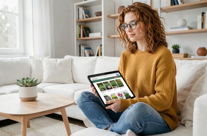 Jeune femme parcourant les ressources d'un site de jardinage sur une tablette dans un salon moderne