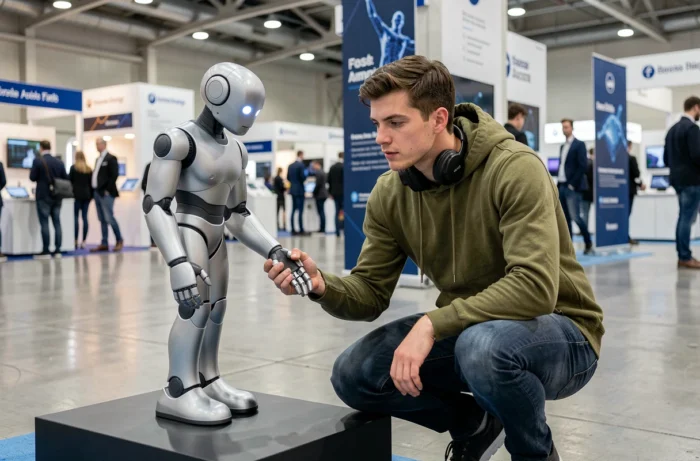 Jeune homme inspectant un prototype de robot humanoïde lors d'une exposition technologique