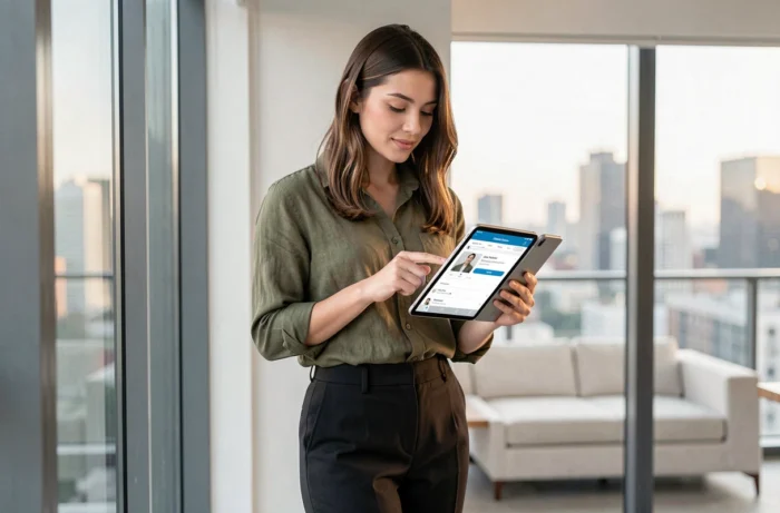 Jeune professionnelle utilisant une tablette pour consulter une plateforme de recrutement en ligne depuis son appartement moderne avec vue sur la ville