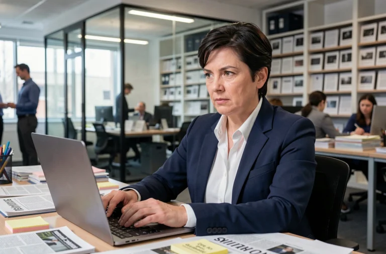 Journaliste femme concentrée à son bureau dans une salle de rédaction moderne, illustrant le parcours professionnel d'Aurore Malval