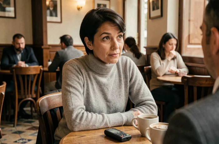 Journaliste réalisant une interview dans un café parisien, illustrant l'approche humaine et engagée du journalisme d'Aurore Malval