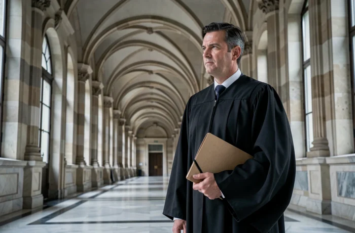 Juge en robe noire dans le couloir d'un palais de justice français à l'architecture classique haussmannienne
