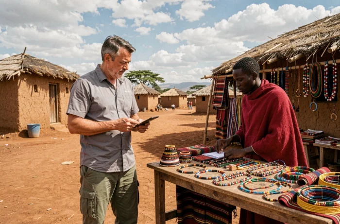 Voyageur explorant un marché artisanal maasaï en Tanzanie, découvrant des bijoux traditionnels pour un séjour immersif