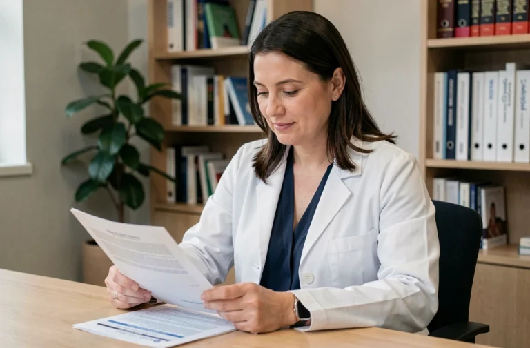 Médecin généraliste femme en consultation, examinant des documents médicaux dans un cabinet moderne et chaleureux