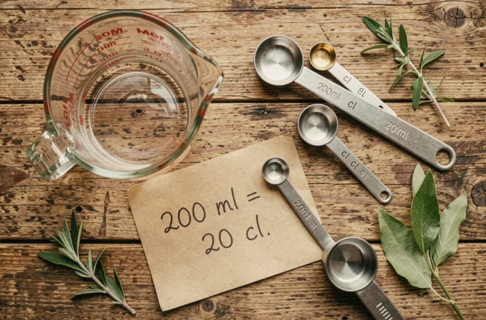 Vue de dessus de tasses à mesurer graduées en millilitres et centilitres avec une note de conversion manuscrite sur table en bois