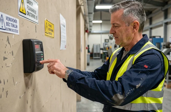 Ouvrier d'usine pointant à la badgeuse en fin de poste dans un couloir industriel