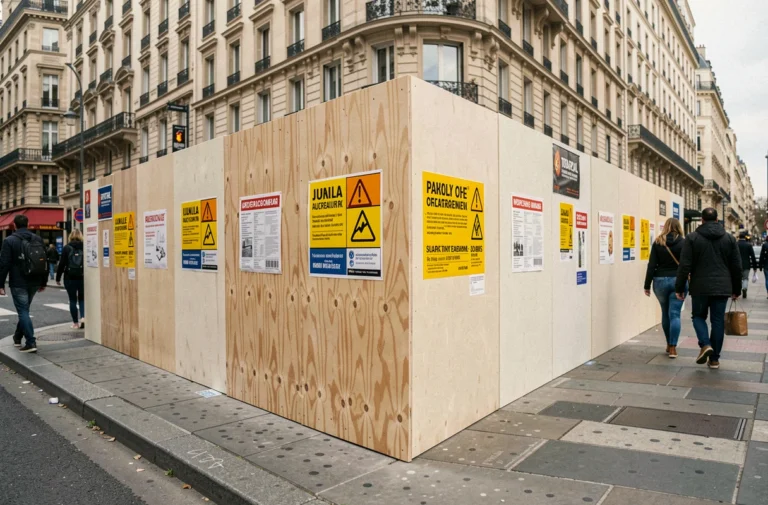 Palissade de chantier en bois contreplaqué peint le long d'un trottoir urbain avec signalétique de sécurité