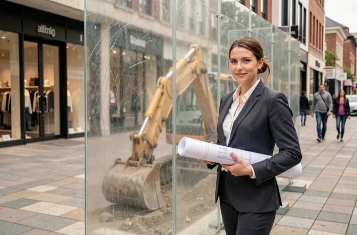 Architecte féminine inspectant une palissade de chantier en polycarbonate translucide dans une rue commerçante