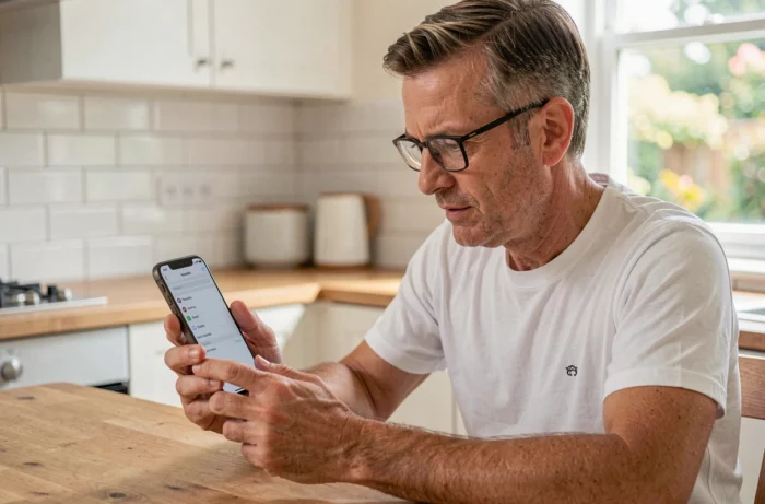 Homme configurant le webmail AC Nantes sur iPhone avec les paramètres IMAP depuis son domicile