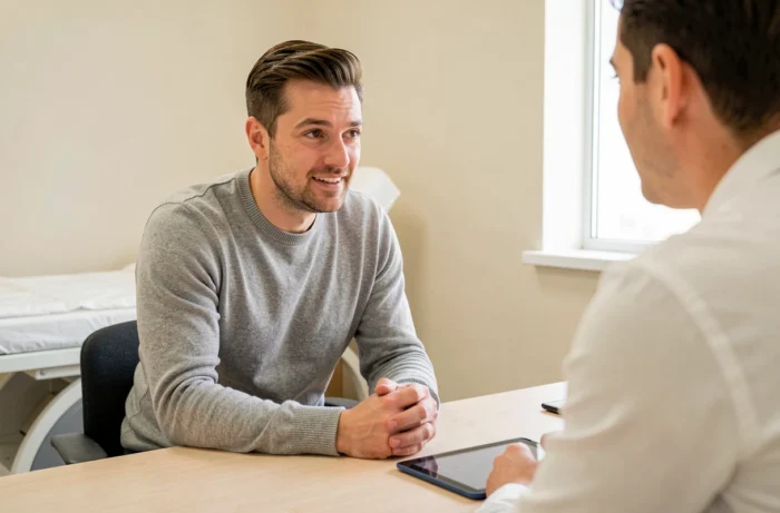 Patient en consultation avec un professionnel de santé, échangeant dans un cabinet médical lumineux et accueillant