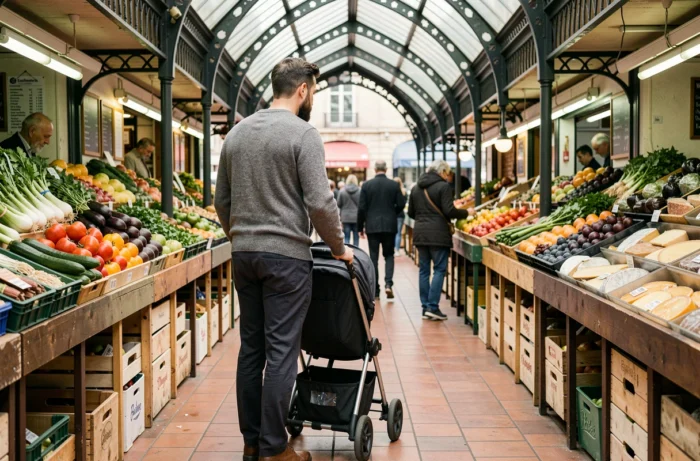 Père promenant un enfant en poussette dans un marché couvert parisien animé, vie de famille quotidienne à Paris
