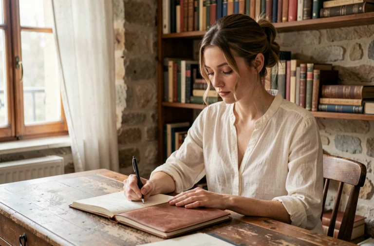 Jeune femme prénommée Mathilde écrivant dans un journal en cuir dans un appartement français au charme intemporel