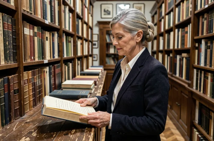 Femme élégante d'âge mûr feuilletant des livres anciens dans une librairie parisienne, illustration du prénom Mathilde à travers les générations