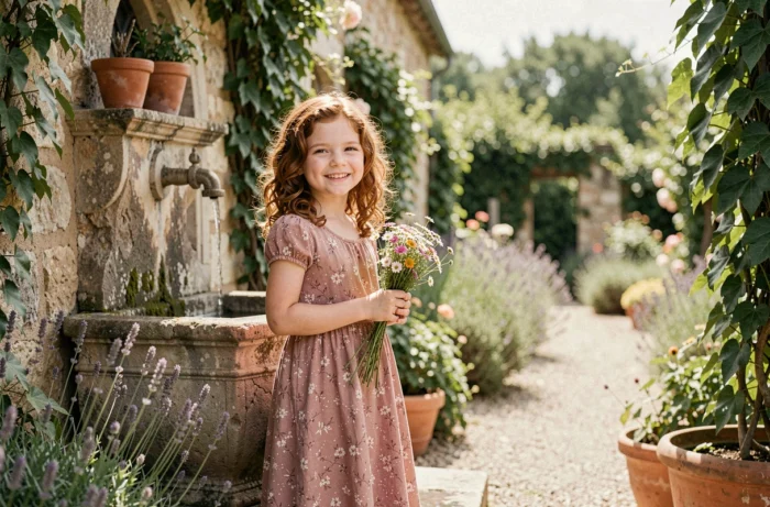 Petite fille au prénom Mathilde tenant un bouquet de fleurs sauvages dans un jardin provençal au charme authentique