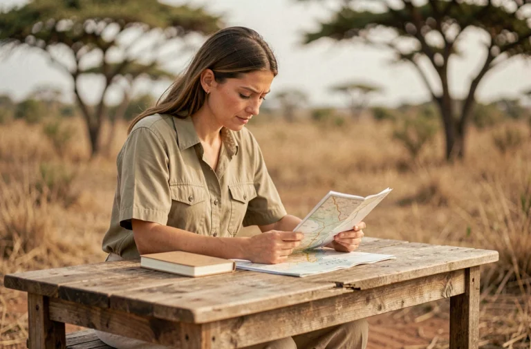 Femme consultant une carte de voyage en Tanzanie dans un cadre de savane africaine, préparant un séjour sur-mesure