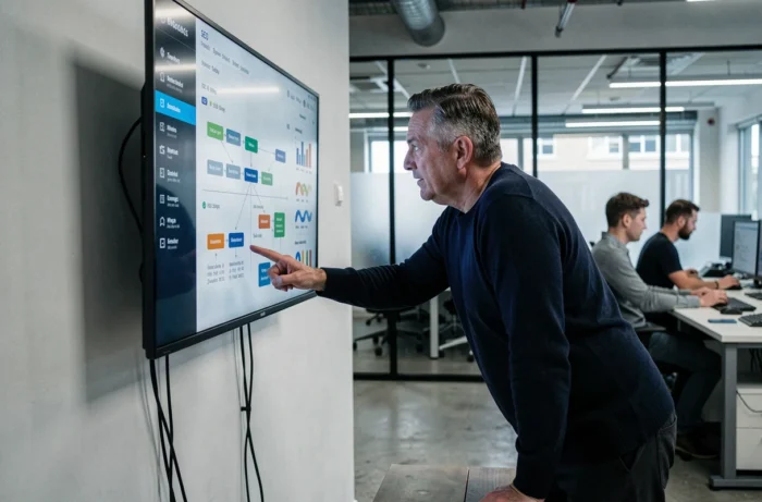 Professionnel du marketing numérique présentant un outil d'automatisation SEO à son équipe dans un bureau open space