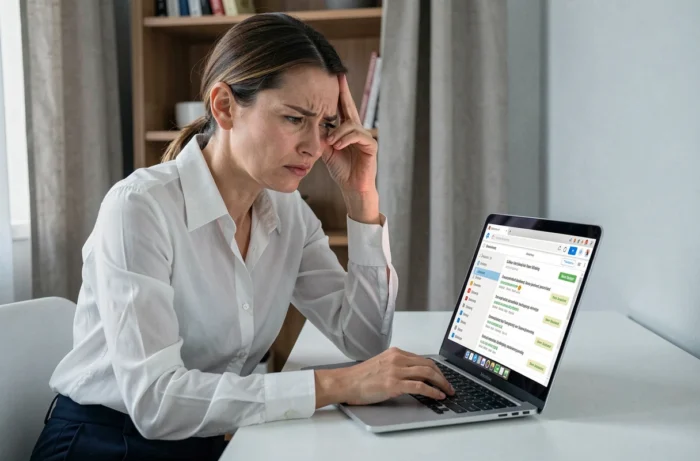 Femme professionnelle frustrée face à des emails de prospection ignorés sur son ordinateur portable à domicile