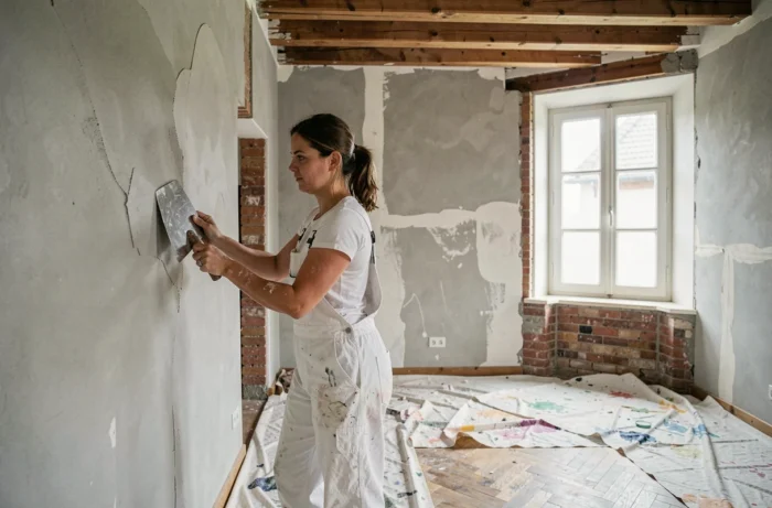 Ouvrière en rénovation intérieure appliquant un enduit sur les murs d'une maison de ville belge