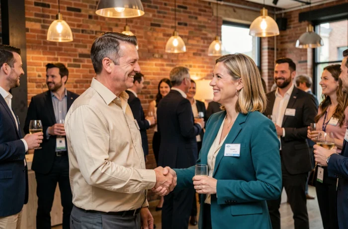 Deux professionnels échangeant une poignée de main chaleureuse lors d'un événement de networking réussi