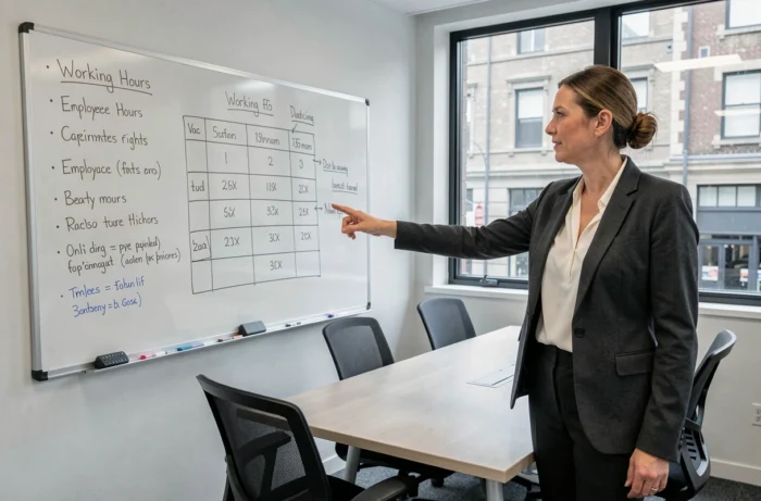 Responsable RH présentant les règles sur le temps de travail lors d'une réunion d'équipe