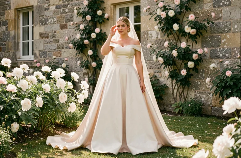 Mariée en robe satin ivoire dans un jardin de château français entouré de pivoines blanches, tendance mariage 2025