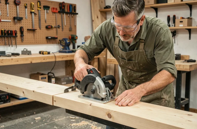 Artisan utilisant une scie circulaire compacte pour découper une planche de pin dans un atelier de menuiserie bien équipé