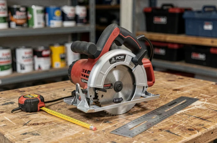 Scie circulaire Tacklife PES01A posée sur un établi avec accessoires de mesure dans un garage atelier
