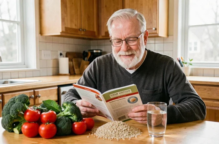 Senior homme consultant un guide nutritionnel à une table de cuisine avec des légumes frais, illustrant l'alimentation saine pour les personnes âgées