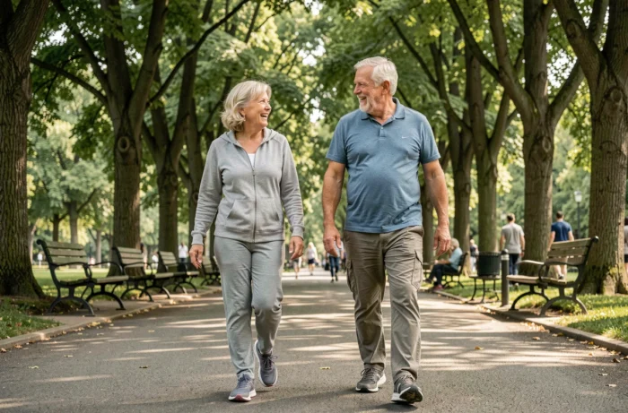 Couple de seniors marchant et riant ensemble dans un parc verdoyant, représentant l'activité physique et le bien-être des personnes âgées autonomes
