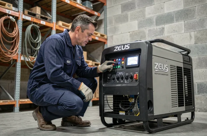 Technicien masculin inspectant le panneau de contrôle d'un groupe électrogène Zeus dans un entrepôt industriel